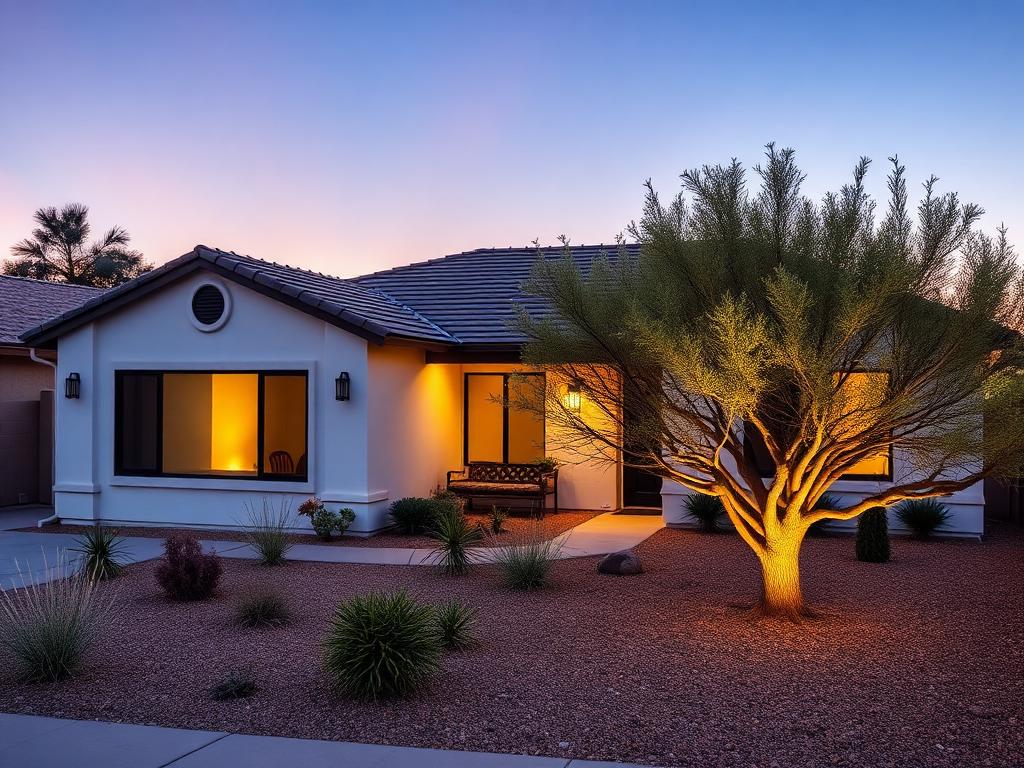 Renovated ranch home exterior at dusk