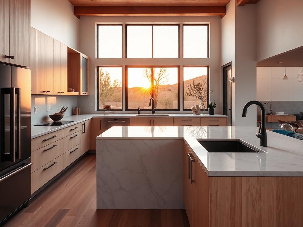 Renovated modern kitchen with quartz island